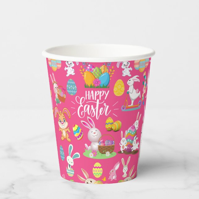 Frohe Ostern, sonnige Wünsche und farbenfrohe Eier Pappbecher (Vorderseite)