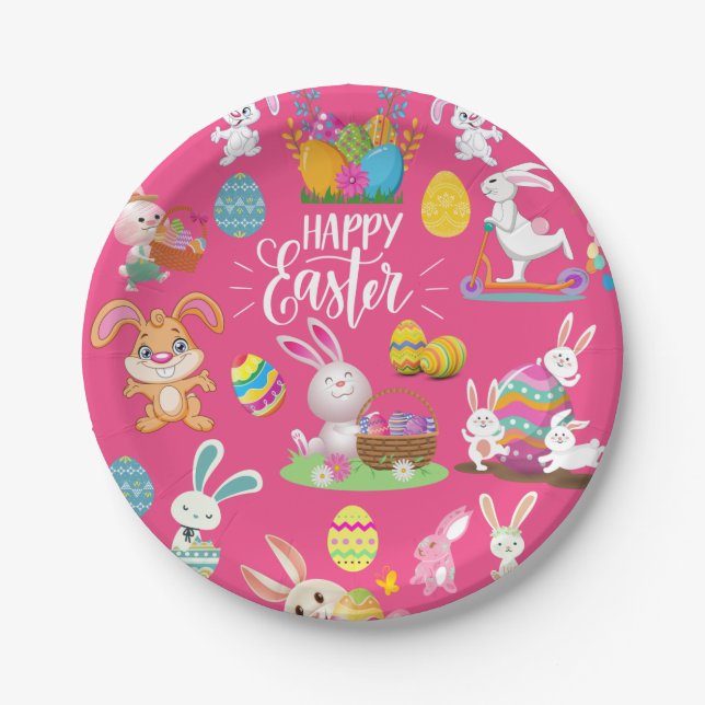Frohe Ostern, sonnige Wünsche und farbenfrohe Eier Pappteller (Vorderseite)