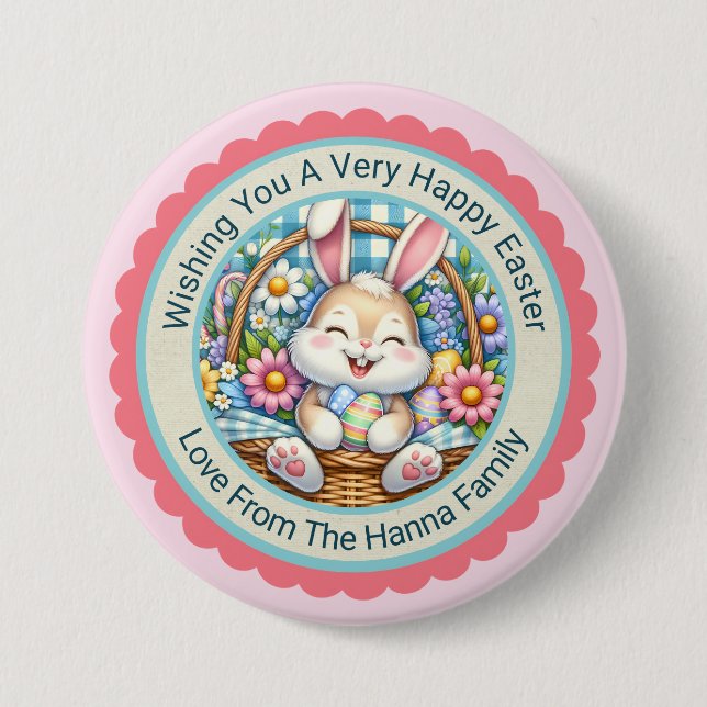 Frohe Ostern, Süße Hase & Blumenkorb Geschenke Button (Vorderseite)