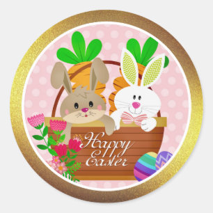 Frohe Ostern, Süßer Hase Korb & Bunte Eier Runder Aufkleber