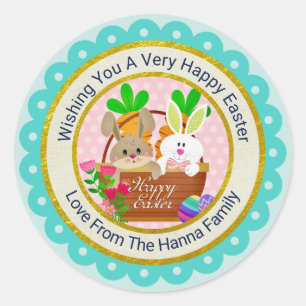 Frohe Ostern, Süßer Hase Korb & Bunte Eier Runder Aufkleber