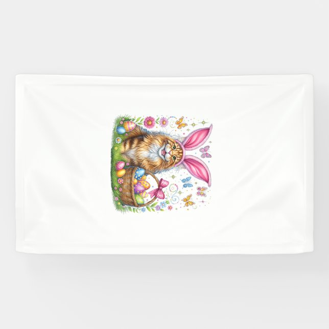 Frohe Ostern Süßer Hase Maine Coon Katze Ostereier Banner (Horizontal)