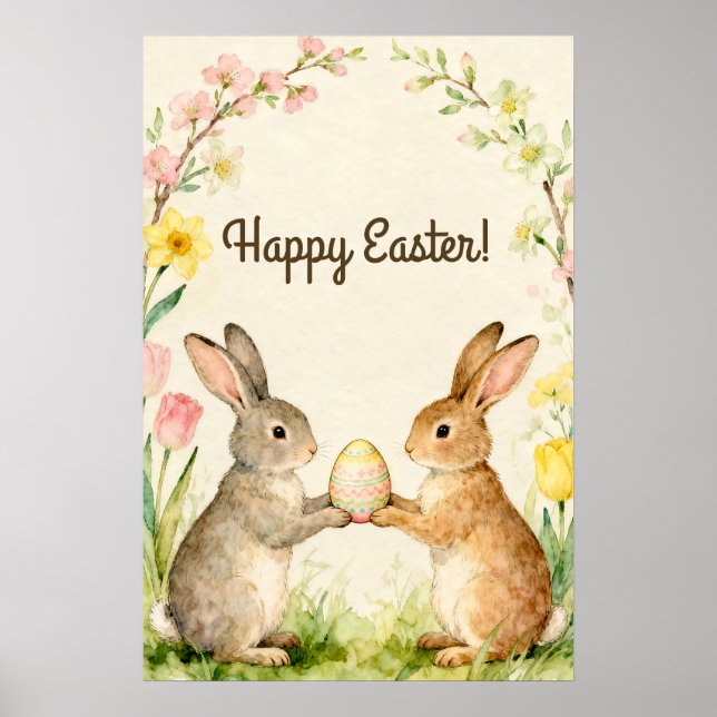 Frohe Ostern Vintage Hasen mit Ei Poster (Vorne)