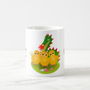 Frohe Ostern von drei Küken und dem Drachen von Mo Kaffeetasse