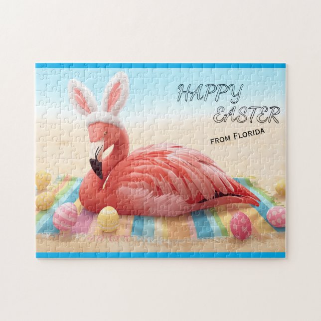 Frohe Ostern von Florida Flamingo Bunny am Strand  (Horizontal)