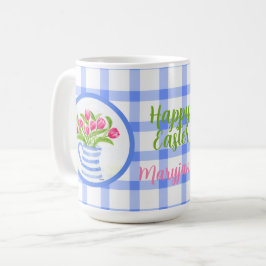 Frohe Ostern Wasserfarbe Tulpen Blau Kariert Kaffeetasse