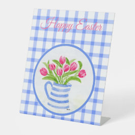 Frohe Ostern Wasserfarbe Tulpen Blau Kariert Sockelschild