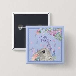Frohe Ostern Wasserfarben-Hasen-Kaninchen & Blumen Button