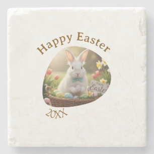 Frohe Ostern weißes Kaninchen Jahr Foto Familienna Steinuntersetzer