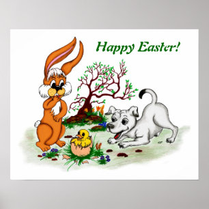 Frohe Ostern! Welpe, Küken, Hase Poster