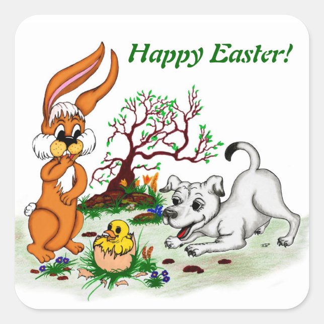 Frohe Ostern! Welpe, Küken, Hase Quadratischer Aufkleber (Vorderseite)