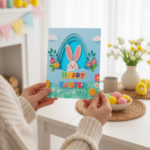 Frohe Ostern   Whimsical Osterhase und Floral Feiertagspostkarte
