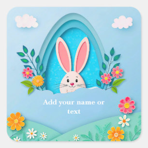 Frohe Ostern Whimsical Osterhase und Floral Quadratischer Aufkleber