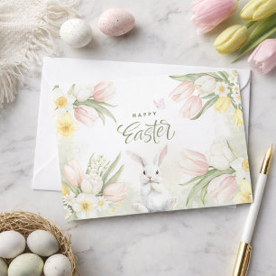 Frohe Ostertulpen, Affodien und Osterhase Feiertagskarte