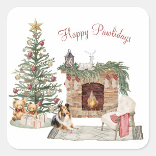 Frohe Pawlidays Hundedesign - Sheltie Quadratischer Aufkleber