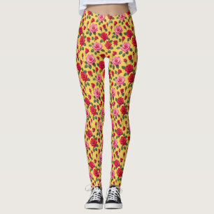 Frohe rosa und rote Rosen auf einem sonnigen Gelb Leggings