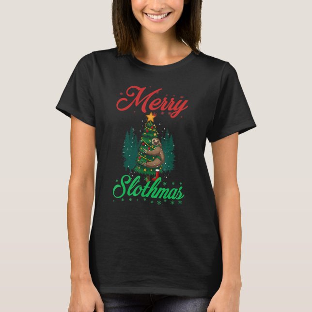 Frohe Slothmas Weihnachtslicht und Weihnachtsmannm T-Shirt (Vorderseite)