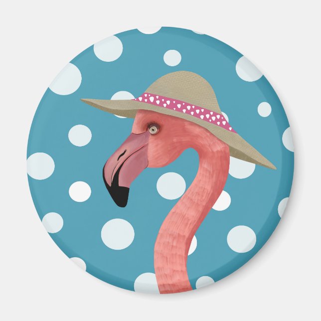 Frohe Sommer Flamingo Blue Polka Dot Sommerhut Magnet (Vorne)