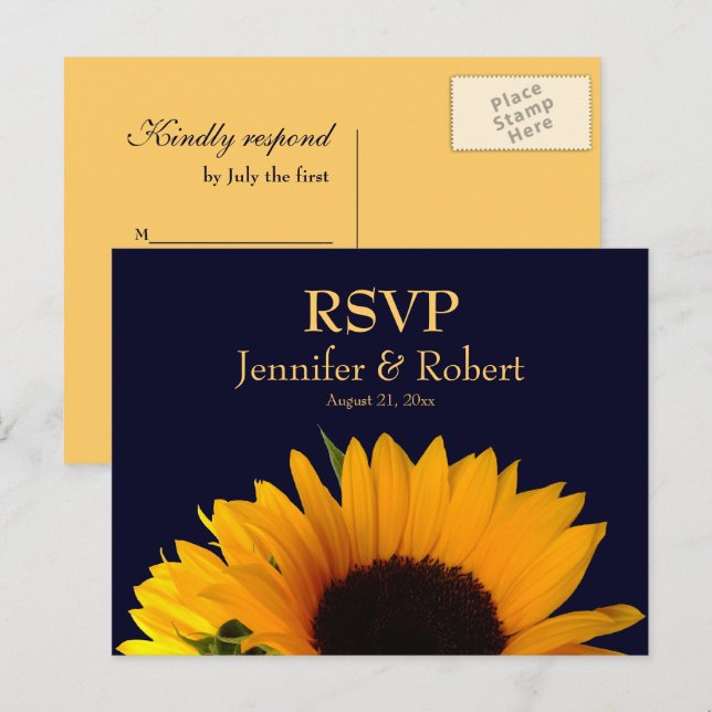 Frohe Sonnenblumen Navy Blue Wedding RSVP Einladungspostkarte (Vorne/Hinten)