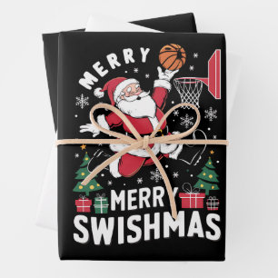 Frohe Swishmas Weihnachten Santa spielt Basketball Geschenkpapier Set