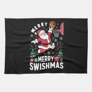 Frohe Swishmas Weihnachten Santa spielt Basketball Geschirrtuch