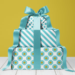 Frohe Türkis Gänseblümchen Blumen Streifen Punkte  Geschenkpapier Set
