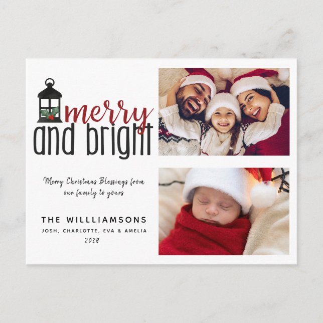 Frohe und helle 2 Foto Familienweihnachtskarte Postkarte (Vorderseite)