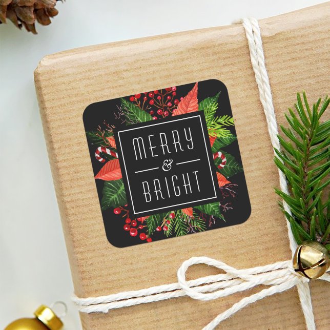 Frohe und helle Happy Holiday Weihnachten Botanisc Quadratischer Aufkleber (Von Creator hochgeladen)