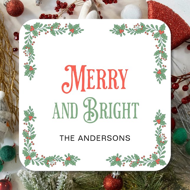 Frohe und helle moderne Familienname Weihnachten Quadratischer Aufkleber (Von Creator hochgeladen)