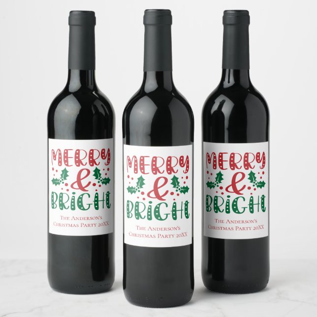 Frohe und helle Rot und Grün Heilige Weihnachten Weinetikett (Flaschen)