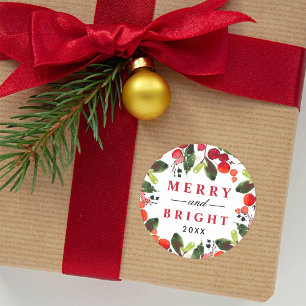 Frohe und helle rote Weihnachtsgrün Wreath Runder Aufkleber