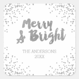 Frohe und helle silberne Glitzer Weihnachtskleber Quadratischer Aufkleber