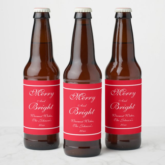 Frohe und helle Skripte rustikale Red Christmas Bierflaschenetikett (Flaschen)