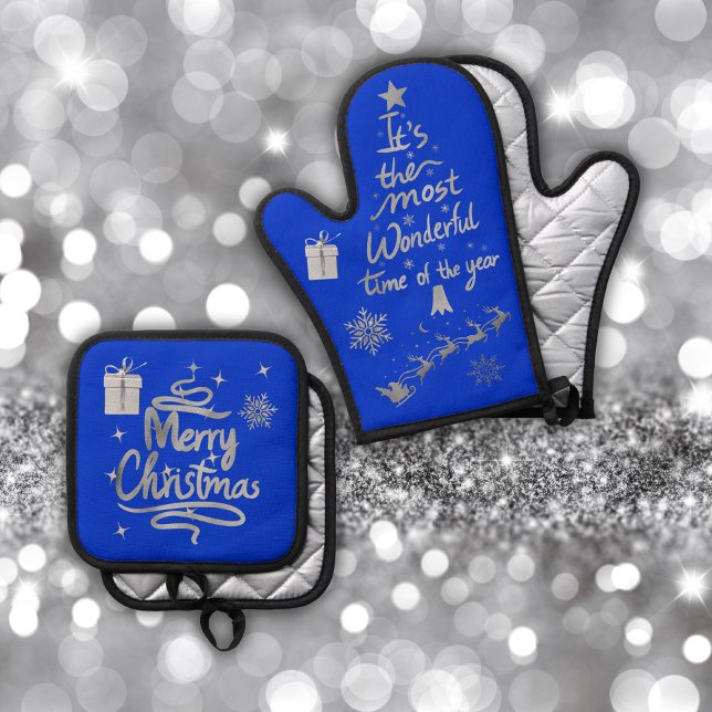 Frohe und helle Weihnachten in Silver and Blue | Ofenhandschuh & Topflappen-Set (Von Creator hochgeladen)