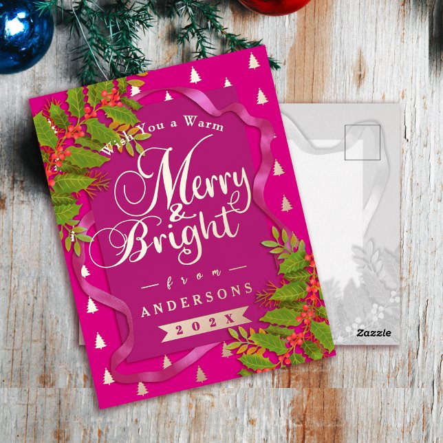 Frohe und helle Weihnachten Rot Folien Feiertagspostkarte (Merry and Bright Christmas Red Foil Holiday Postcard)