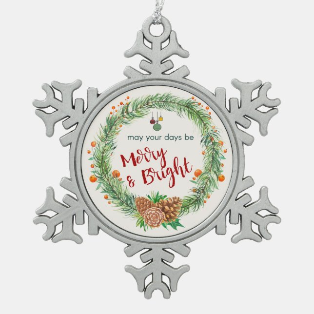 Frohe und helle Weihnachtsfeier Schneeflocken Zinn-Ornament (Vorderseite)