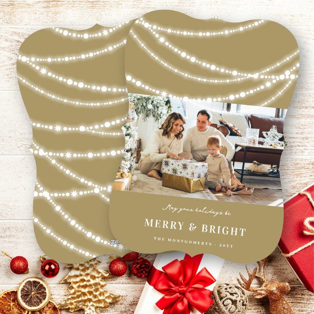 Frohe und helle Weihnachtsfeiertage Foto Feiertagskarte (Merry & Bright Stylish Christmas Sparkling Lights Photo Modern Holiday Card @ fat_fa_tin)