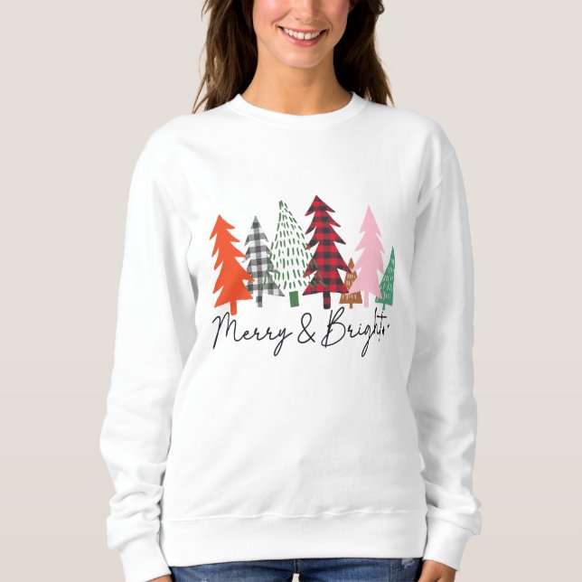 Frohe und helle Winterwälder Pinienbäume Xmas Sweatshirt (Vorderseite)