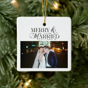 Frohe und Verheiratete Newlyweds Foto Erste Weihna Keramikornament