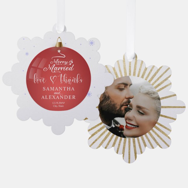 Frohe und Verheiratete Weihnachtsfeier im Foto Vie Ornament Karte (Vorderseite/Rückseite)