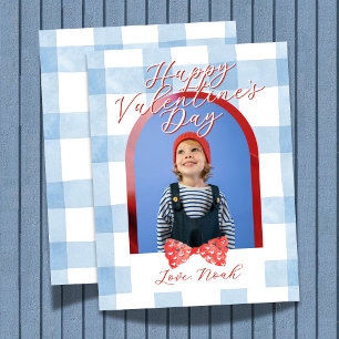 Frohe Valentinstag-Bogen-Foto Blau Gingham-Karte Feiertagskarte