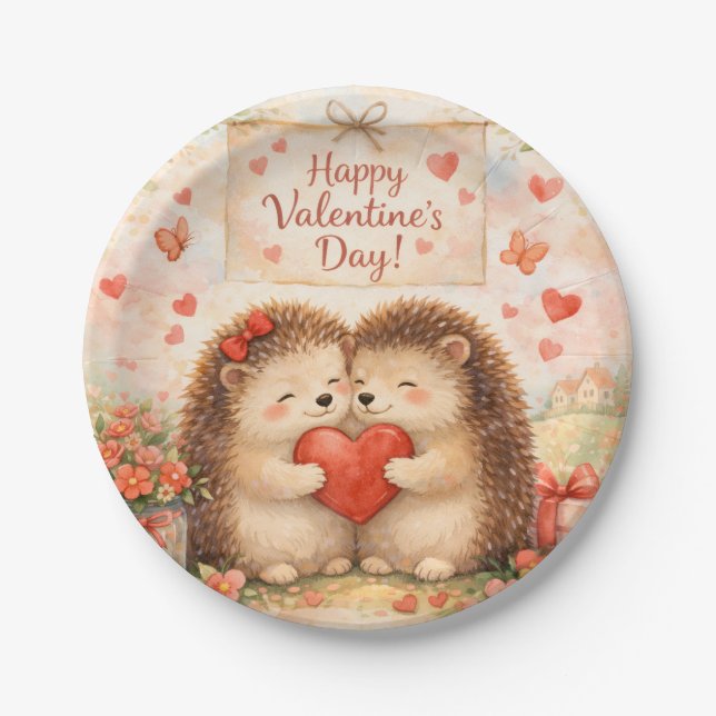 Frohe Valentinstag-Illustration mit Igel-Liebe Pappteller (Vorderseite)