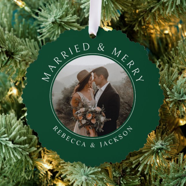 Frohe Verheiratete grüne Hochzeit Foto Weihnachten Ornament Karte (Insitu (Baum))