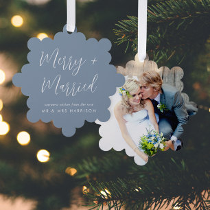 Frohe Verheiratete Hochzeit Foto Dusty Blue Christ Ornament Karte