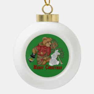 Frohe Weihnacht-Bär u. Häschen-Ball-Verzierung Keramik Kugel-Ornament