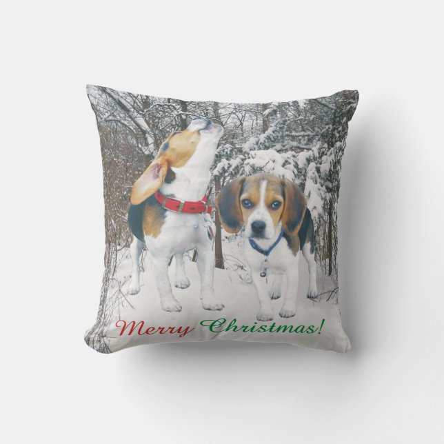 Frohe Weihnacht-Beagle-Welpensnowy-Holz Kissen (Vorderseite)