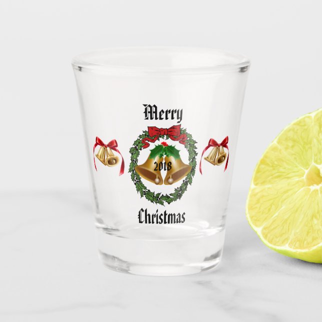 Frohe Weihnacht-Bogen, Kranz und Bell Schnapsglas (Vorderseite)