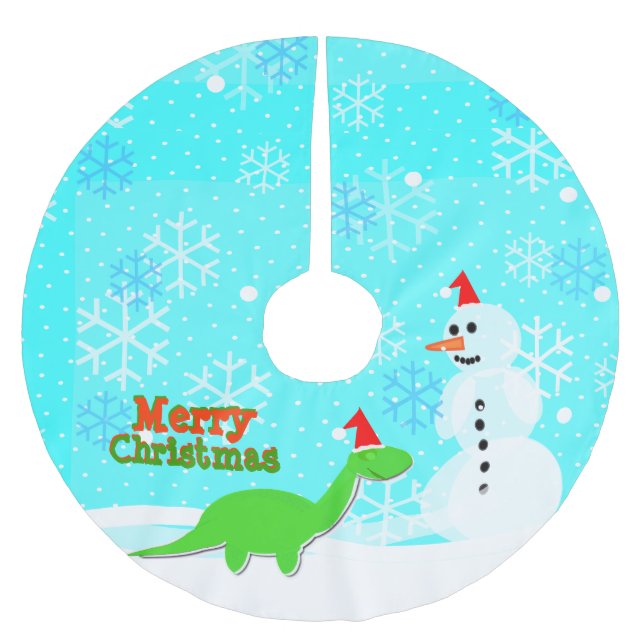 Frohe Weihnacht-Dinosaurier und Schneemann Polyester Weihnachtsbaumdecke (Vorderseite)