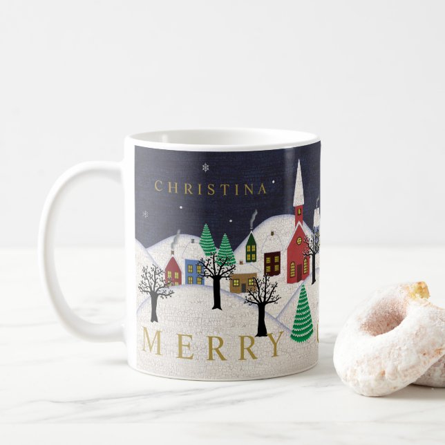 Frohe Weihnacht-Dorf-Volkskunst-mit Monogramm Name Kaffeetasse (Mit Donut)