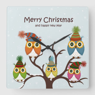 Frohe Weihnacht-Eulen auf dem Baum Quadratische Wanduhr